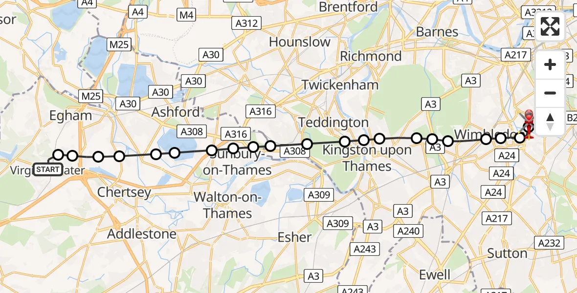 Flight route Air Ambulance Helicopter Virginia Water - St Georges Hospital, 17 July 2026, 17:52