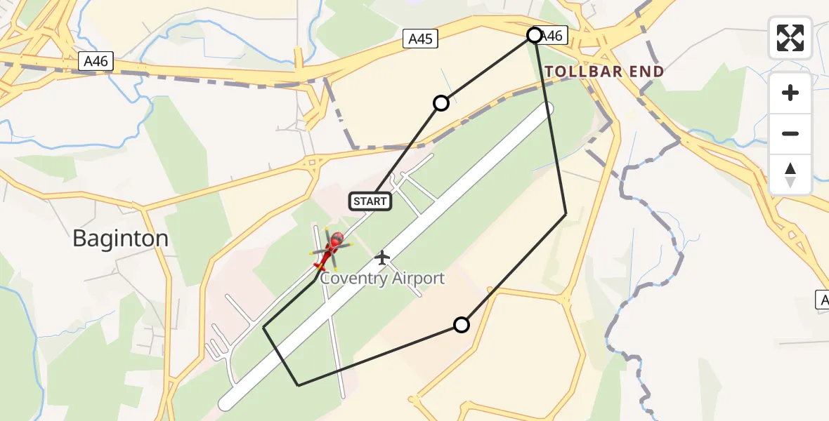 Flight route Air Ambulance Helicopter Coventry Airport - Coventry Airport, 17 July 2026, 17:54
