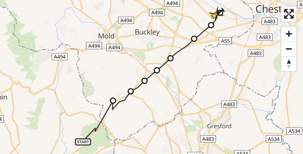 Flight route Police Helicopter Llandegla - Hawarden Airport, 17 July 2026, 17:58
