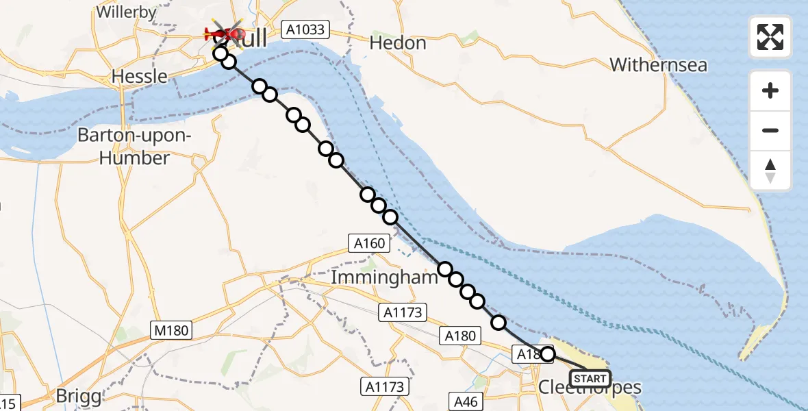 Flight route Air Ambulance Helicopter Cleethorpes - Hull Royal Infirmary, 17 July 2026, 18:15
