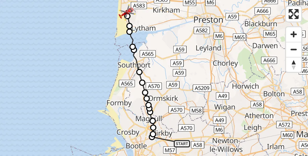 Flight route Air Ambulance Helicopter Knowsley - Blackpool Airport, 17 July 2026, 18:21