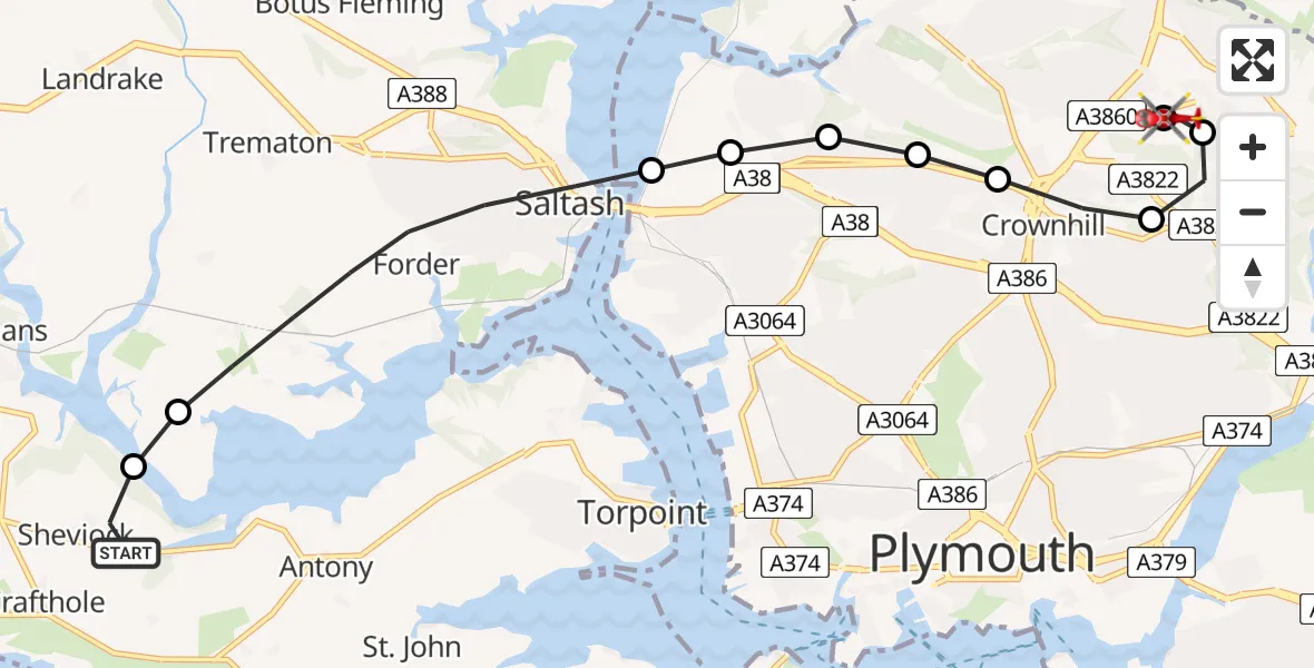 Flight route Air Ambulance Helicopter Antony - Crownhill, 17 July 2026, 18:36