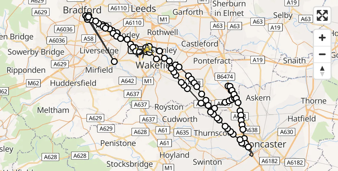 Flight route Police Helicopter Tingley - East Ardsley, 17 July 2026, 18:42