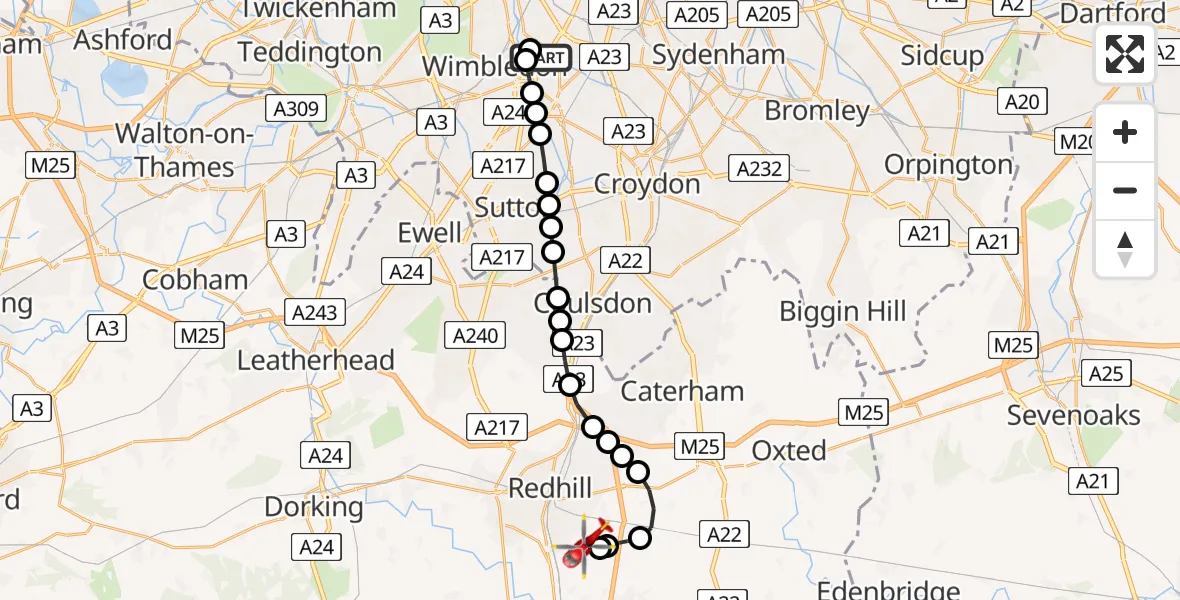 Flight route Air Ambulance Helicopter St Georges Hospital - Redhill Aerodrome, 17 July 2026, 18:53