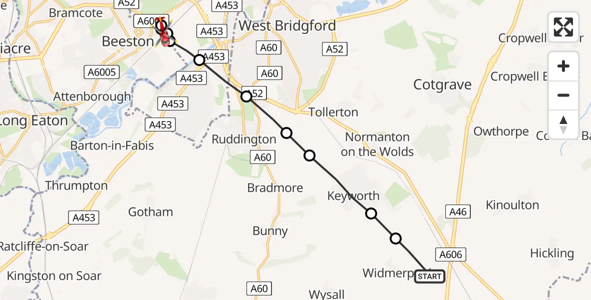 Flight route Air Ambulance Helicopter Widmerpool - City of Nottingham, 17 July 2026, 19:02