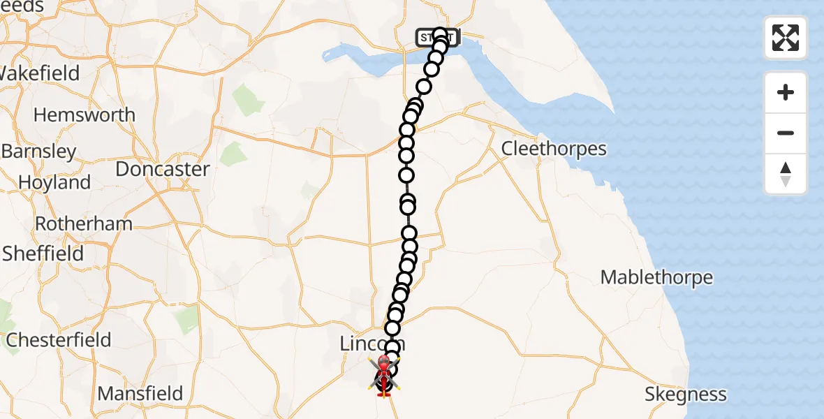 Flight route Air Ambulance Helicopter Hull Royal Infirmary - North Kesteven, 17 July 2026, 19:16