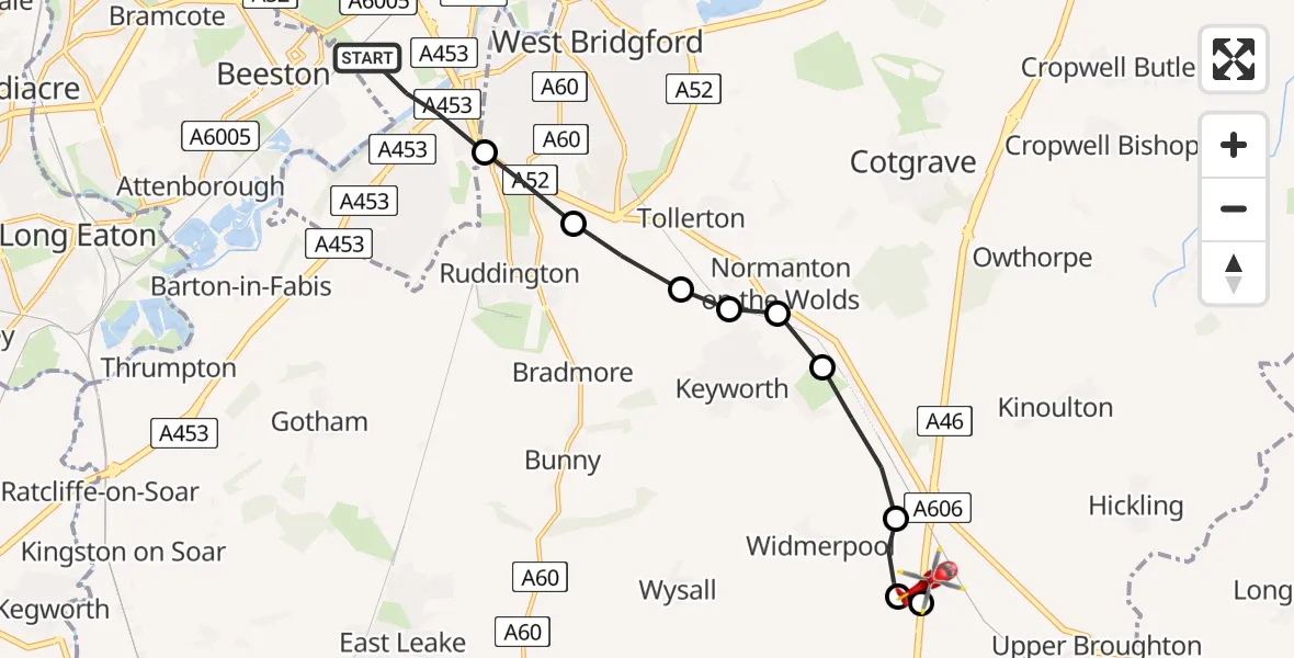 Flight route Air Ambulance Helicopter City of Nottingham - Nottingham Heliport, 17 July 2026, 19:17