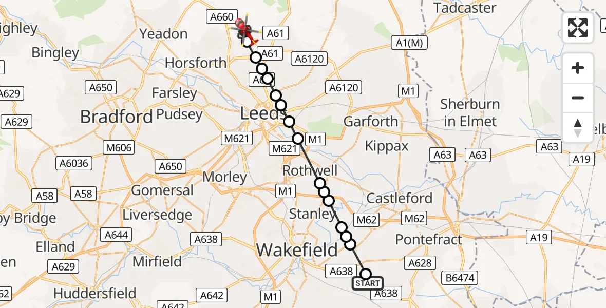 Flight route Air Ambulance Helicopter YAA Nostell Helicopter Port - Alwoodley, 17 July 2026, 19:17