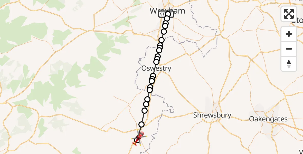 Flight route Air Ambulance Helicopter Felin Puleston - Welshpool Airport, 17 July 2026, 19:31