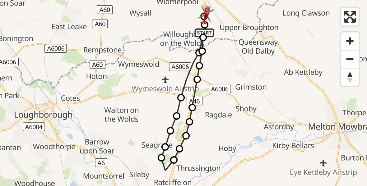 Flight route Air Ambulance Helicopter Rushcliffe - Nottingham Heliport, 17 July 2026, 19:48