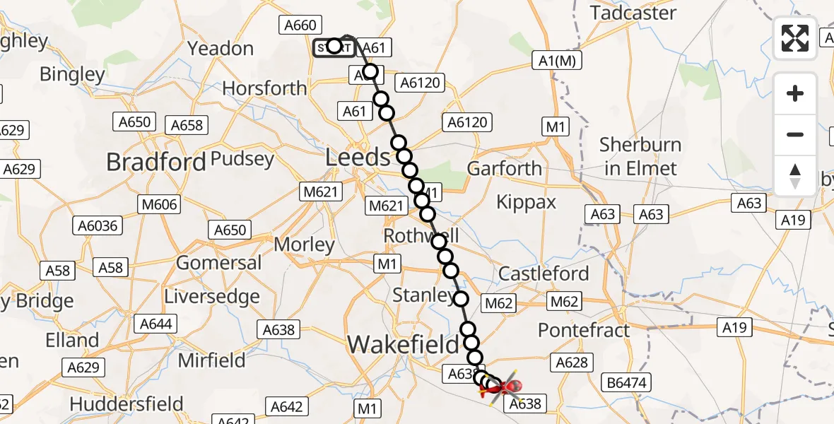 Flight route Air Ambulance Helicopter Alwoodley - YAA Nostell Helicopter Port, 17 July 2026, 19:49