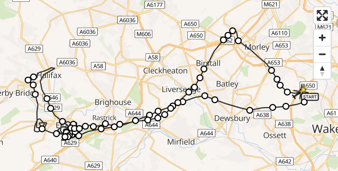 Flight route Police Helicopter Wrenthorpe - East Ardsley, 17 July 2026, 20:00