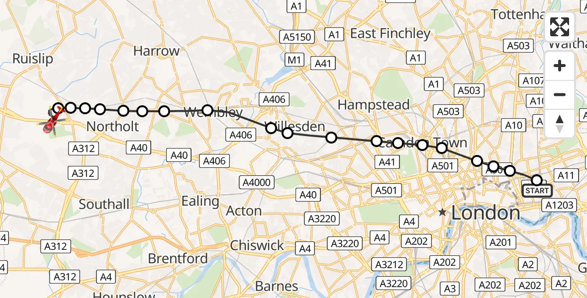 Flight route Air Ambulance Helicopter Royal London Hospital - RAF Northolt, 17 July 2026, 20:17