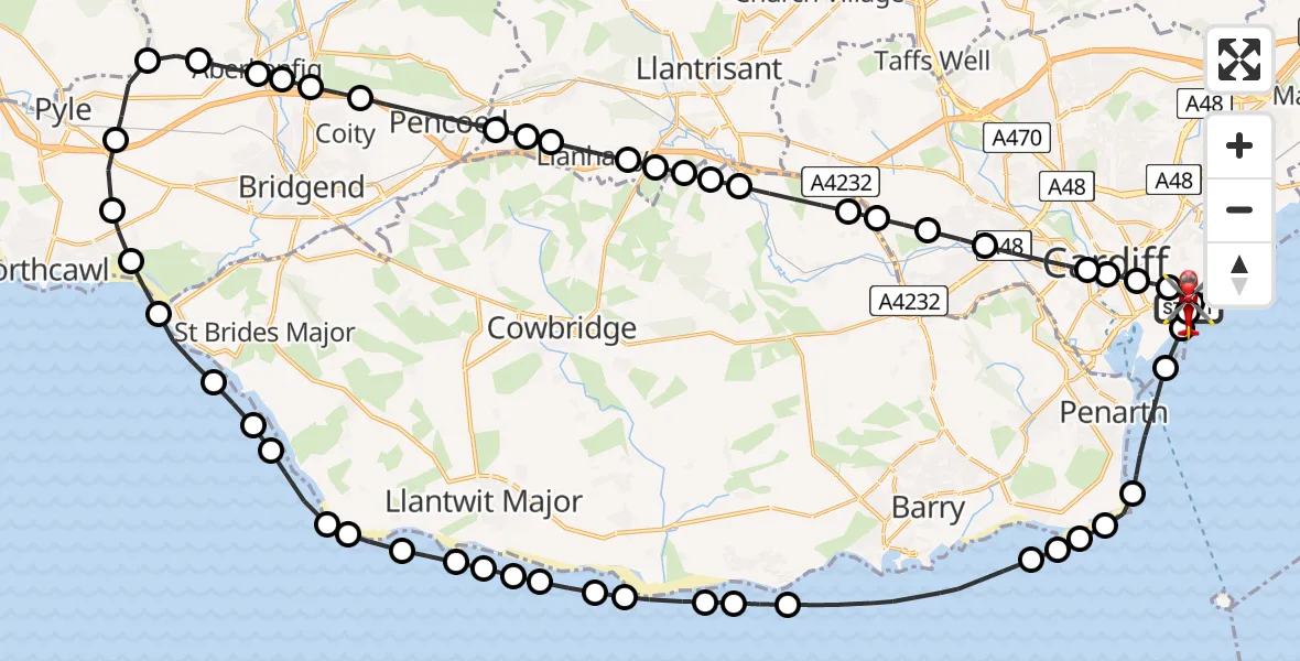 Flight route Air Ambulance Helicopter Cardiff Heliport - Cardiff Heliport, 17 July 2026, 20:20