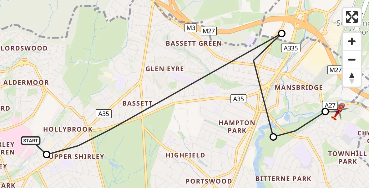 Flight route Air Ambulance Helicopter University Hospital Southampton - Mansbridge, 17 July 2026, 20:22