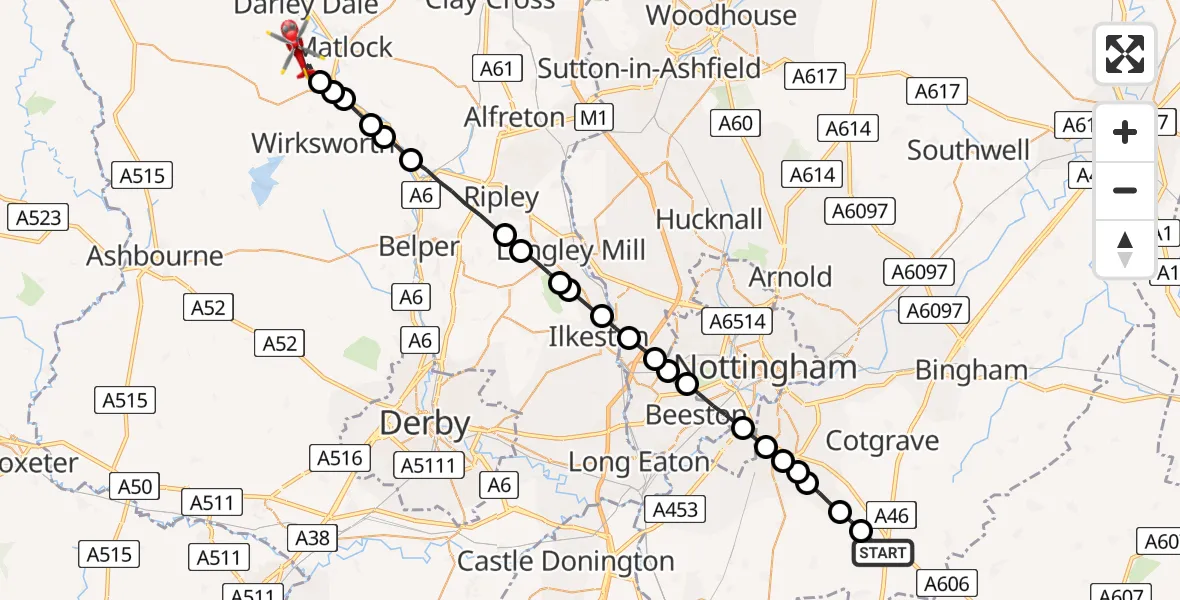 Flight route Air Ambulance Helicopter Widmerpool - Matlock, 17 July 2026, 20:28
