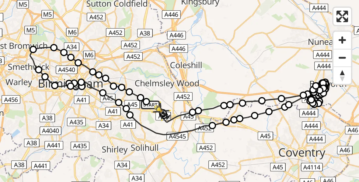 Flight route Police Helicopter Garretts Green - Birmingham Airport, 17 July 2026, 20:31