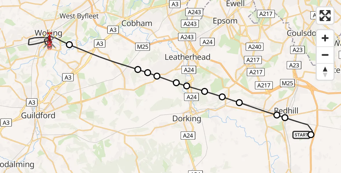 Flight route Air Ambulance Helicopter Redhill Aerodrome - Woking, 17 July 2026, 21:04