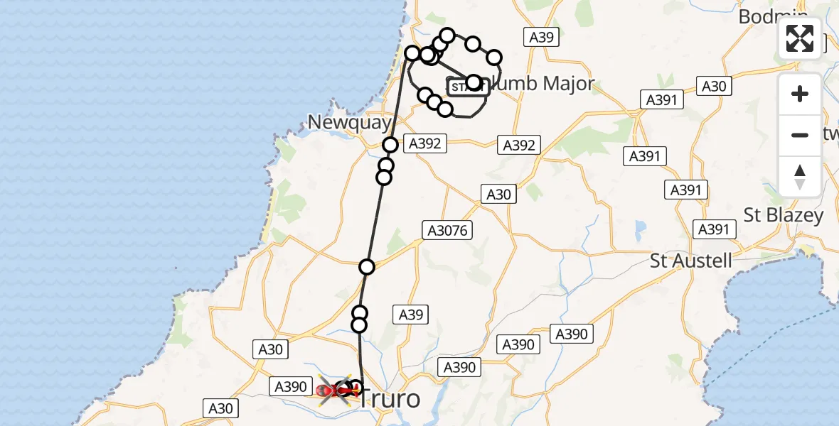 Flight route Air Ambulance Helicopter Cornwall Airport Newquay - Treliske Hospital, 17 July 2026, 21:12