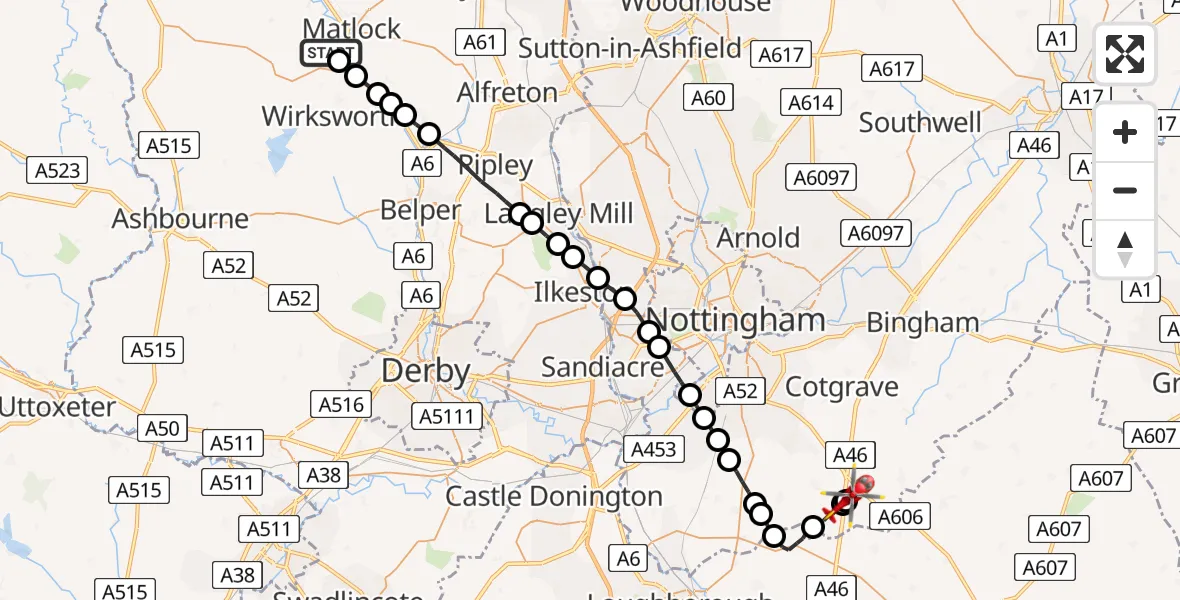 Flight route Air Ambulance Helicopter Matlock - Nottingham Heliport, 17 July 2026, 21:14