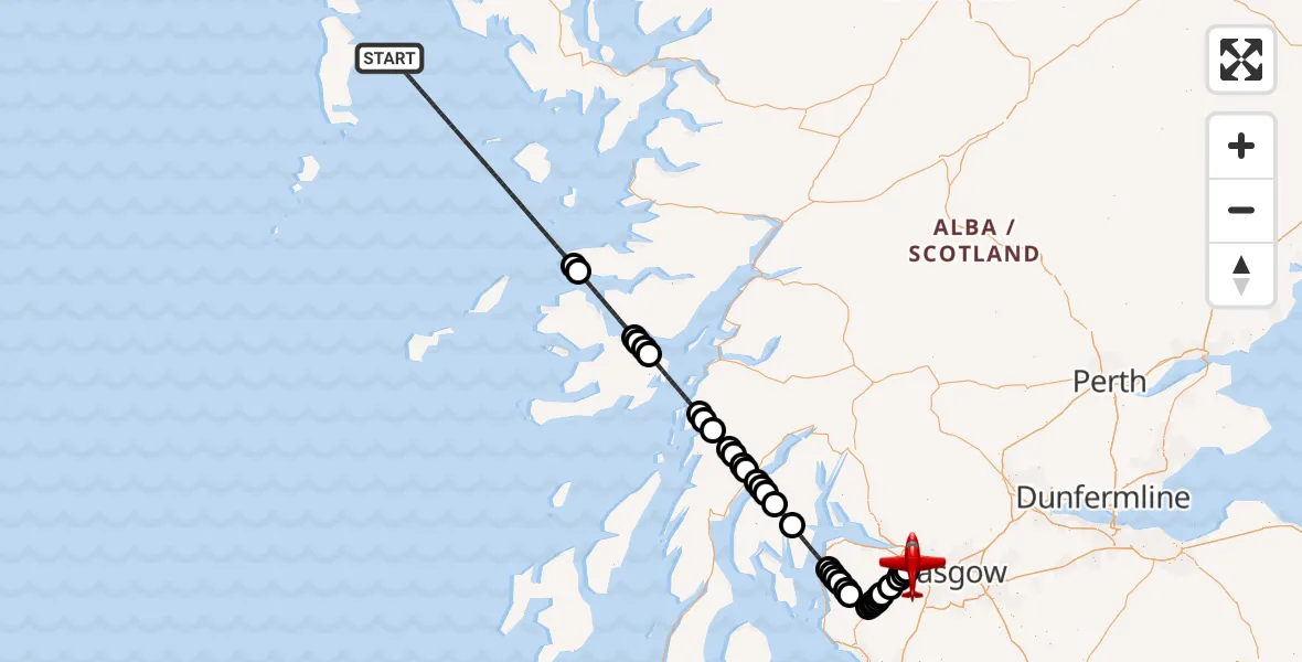 Flight route Air Ambulance Aircraft Inner Seas - Glasgow Airport, 17 July 2026, 21:14