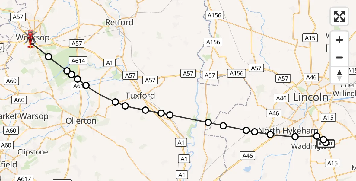 Flight route Air Ambulance Helicopter RAF Waddington - Worksop, 17 July 2026, 21:19