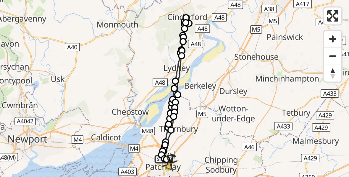 Flight route Police Helicopter Almondsbury - Bristol, 17 July 2026, 21:34