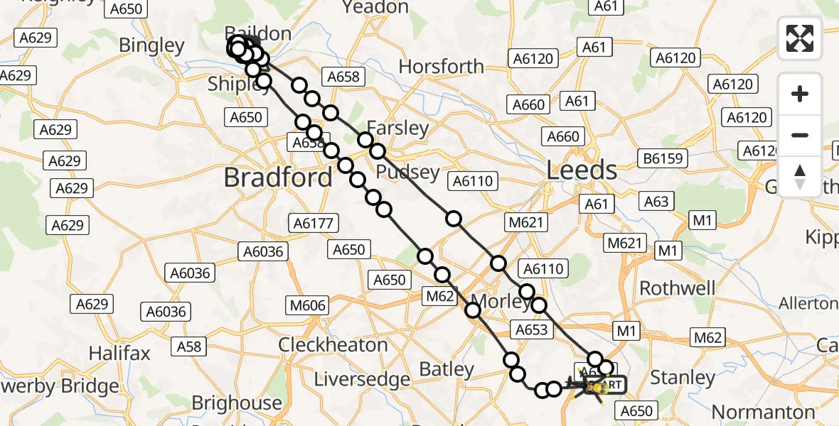 Flight route Police Helicopter Wrenthorpe - East Ardsley, 17 July 2026, 21:37