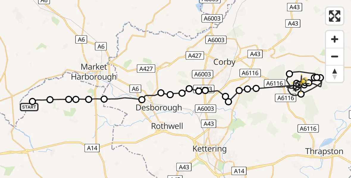 Flight route Police Helicopter Husbands Bosworth Airfield - Brigstock, 17 July 2026, 21:41