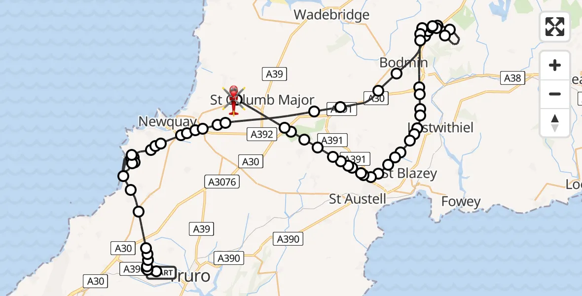 Flight route Air Ambulance Helicopter Treliske Hospital - Cornwall Airport Newquay, 17 July 2026, 21:42