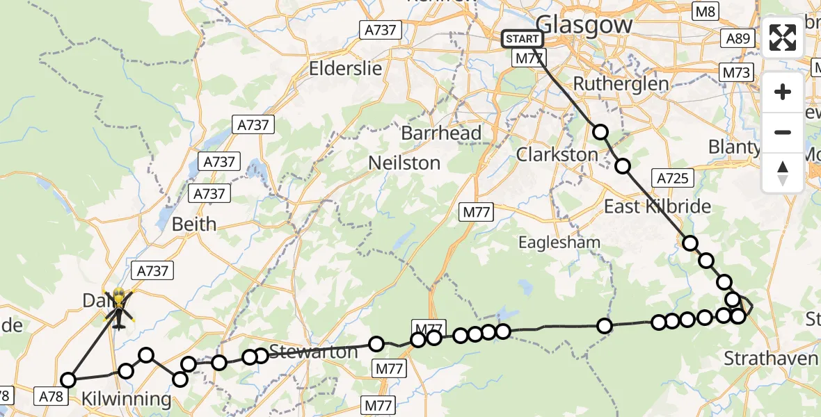 Flight route Police Helicopter Glasgow - Dalry, 17 July 2026, 21:50