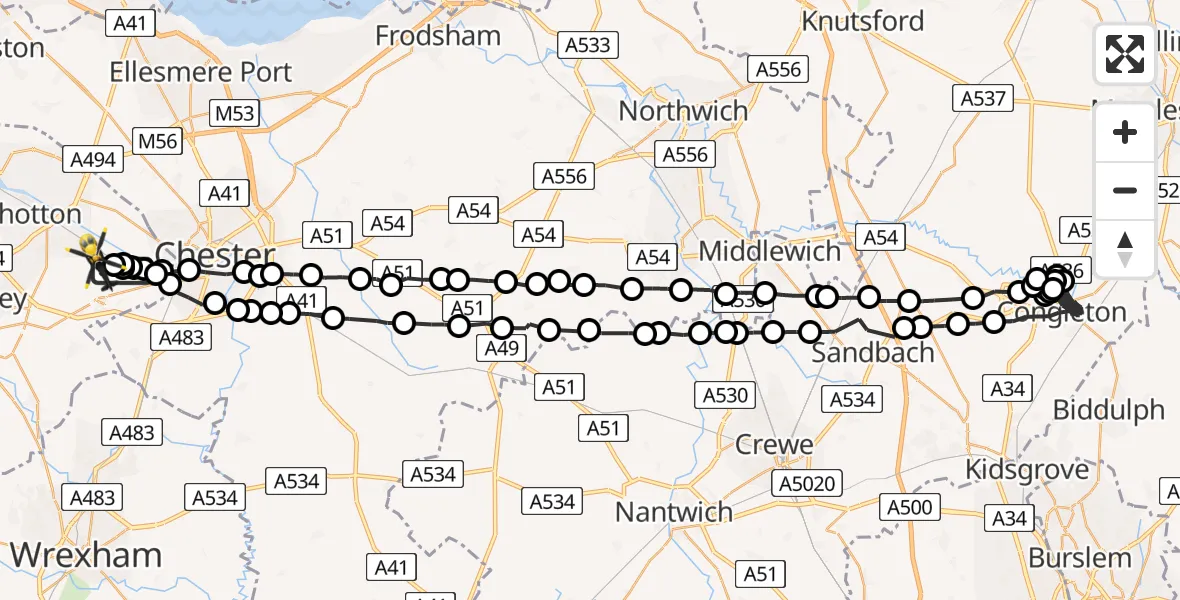 Flight route Police Helicopter Hawarden Airport - Sandycroft, 17 July 2026, 21:54