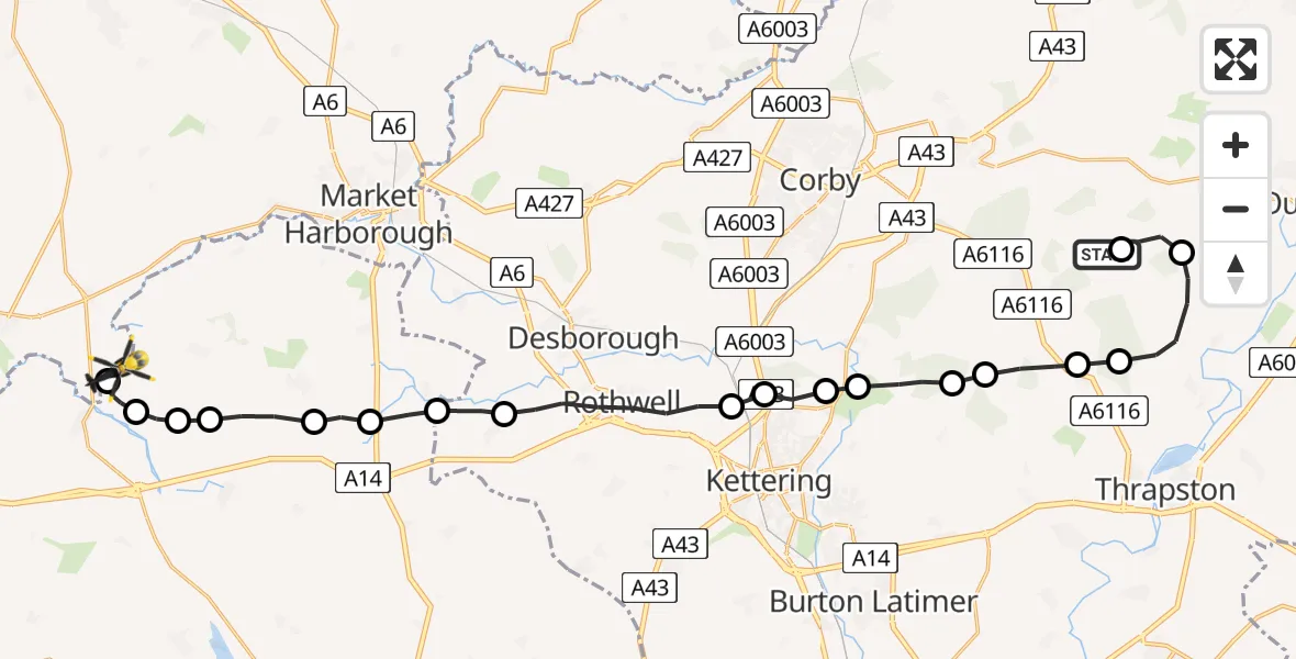 Flight route Police Helicopter Lyveden Airfield - Harborough, 17 July 2026, 22:07