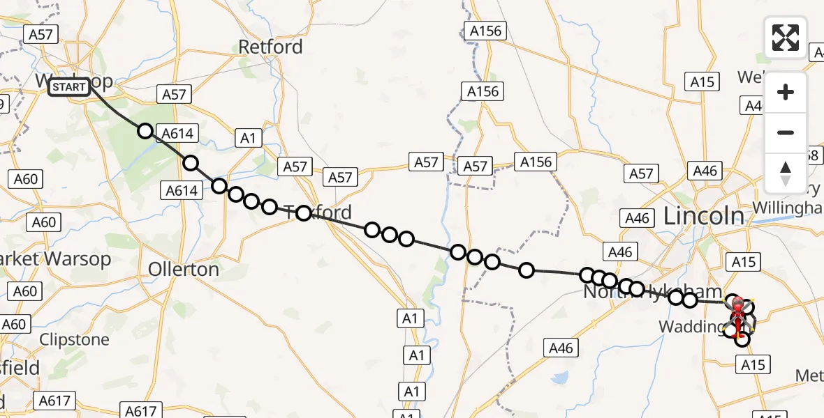 Flight route Air Ambulance Helicopter Worksop - North Kesteven, 17 July 2026, 22:14