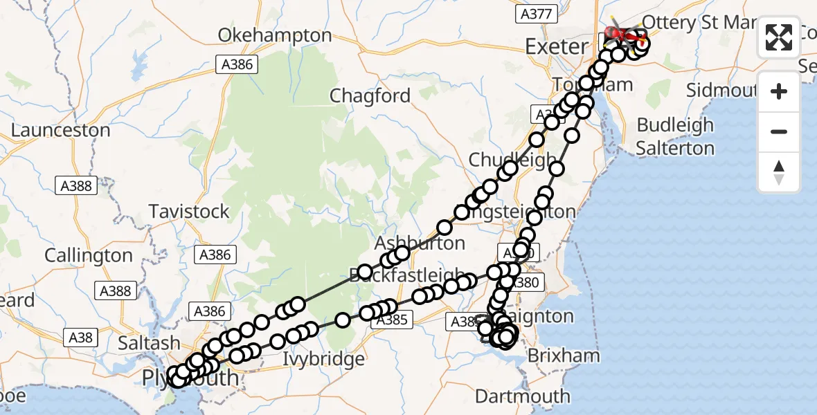 Flight route Air Ambulance Helicopter Exeter International Airport - Exeter International Airport, 17 July 2026, 22:15