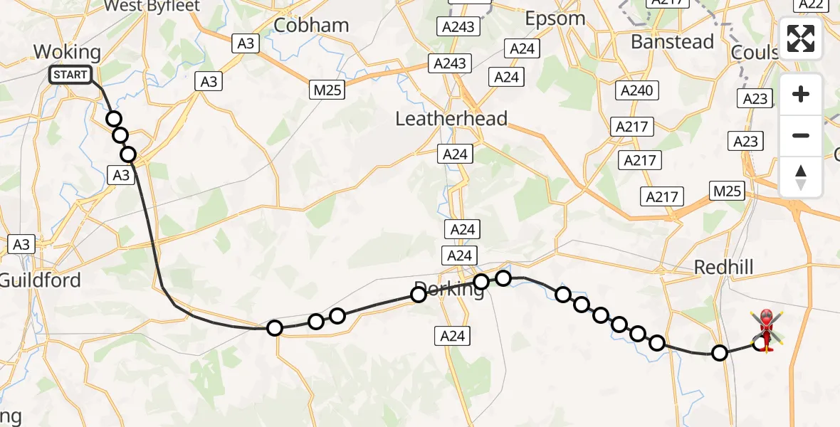 Flight route Air Ambulance Helicopter Woking - Redhill Aerodrome, 17 July 2026, 22:17