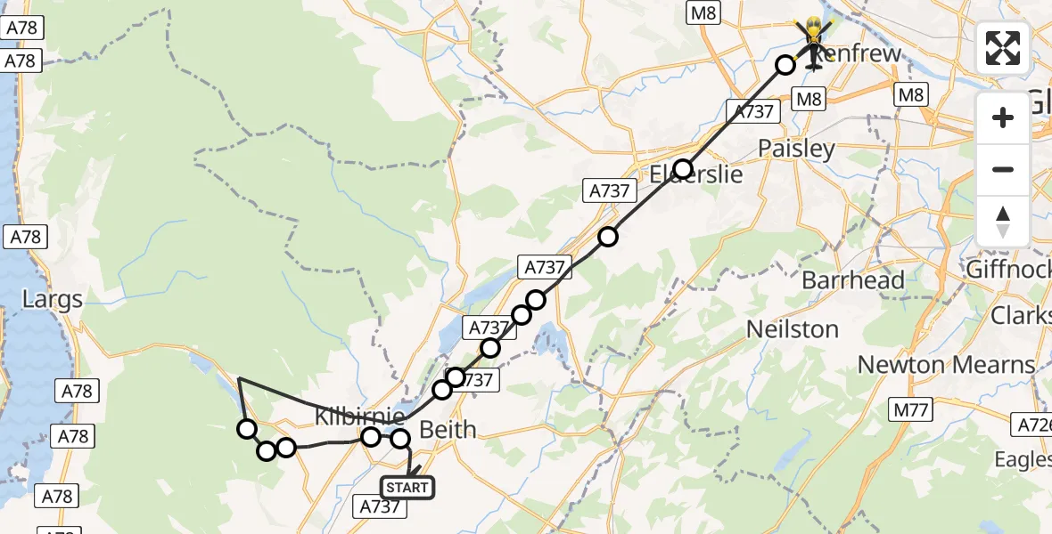 Flight route Police Helicopter Beith - Renfrew, 17 July 2026, 22:18
