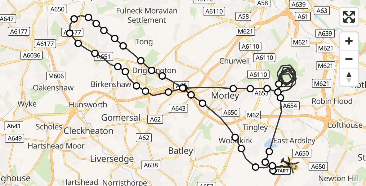 Flight route Police Helicopter East Ardsley - East Ardsley, 17 July 2026, 22:41