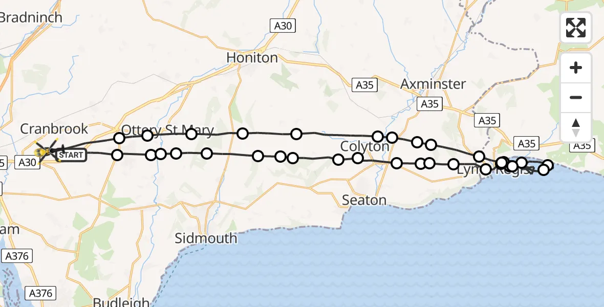 Flight route Police Helicopter Rockbeare - Exeter International Airport, 17 July 2026, 23:20