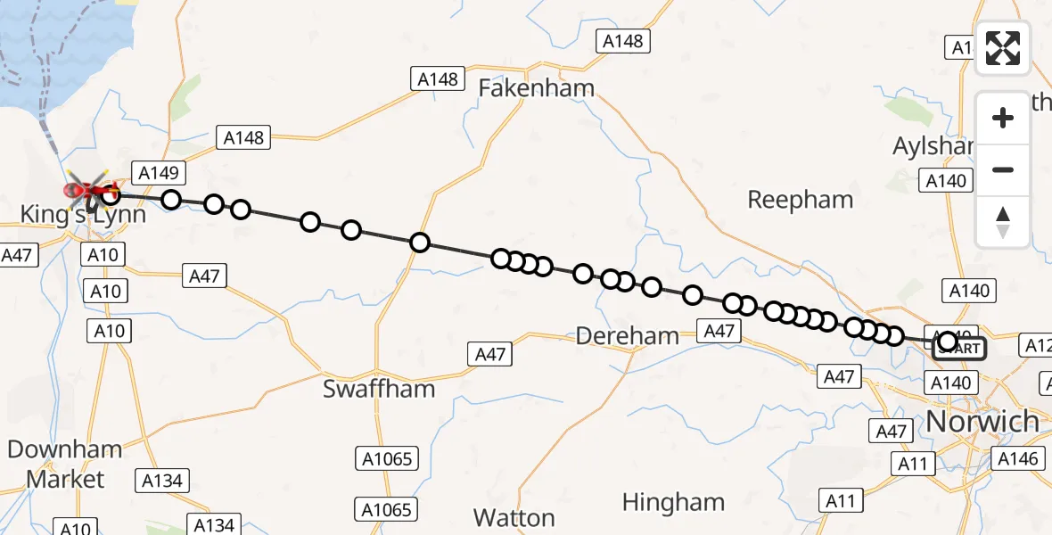 Flight route Air Ambulance Helicopter Norwich Airport - King's Lynn, 17 July 2026, 23:21