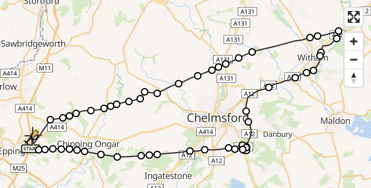 Flight route Police Helicopter Coopersale - North Weald Airfield, 17 July 2026, 23:26