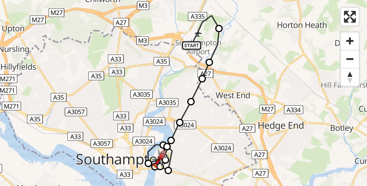 Flight route Air Ambulance Helicopter Southampton Airport - Northam, 18 July 2026, 00:13