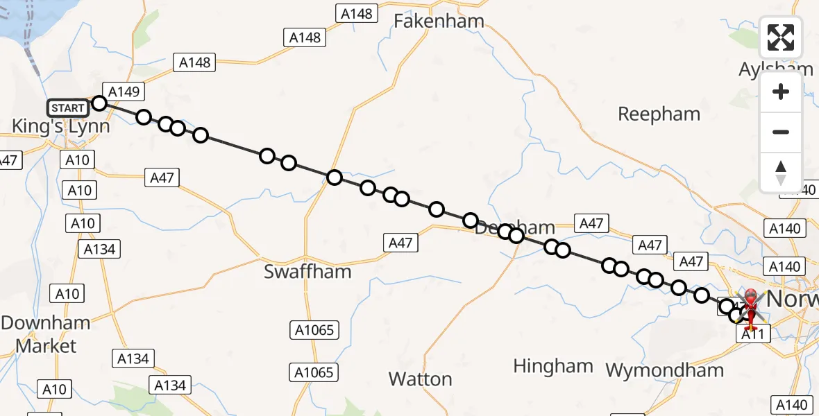 Flight route Air Ambulance Helicopter King's Lynn - Norfolk & Norwich Hospital, 18 July 2026, 00:22
