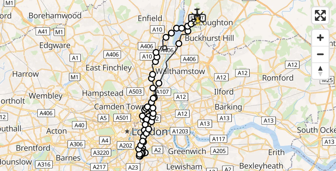 Flight route Police Helicopter Metropolitan Police Air Support Unit Lippitts Hill - Metropolitan Police Air Support Unit Lippitts Hill, 18 July 2026, 00:26