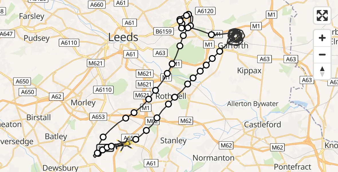 Flight route Police Helicopter Woodkirk - East Ardsley, 18 July 2026, 00:39