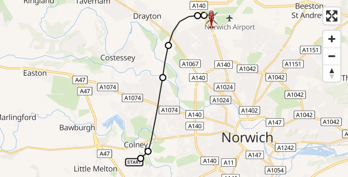 Flight route Air Ambulance Helicopter Norfolk & Norwich Hospital - Norwich Airport, 18 July 2026, 01:17