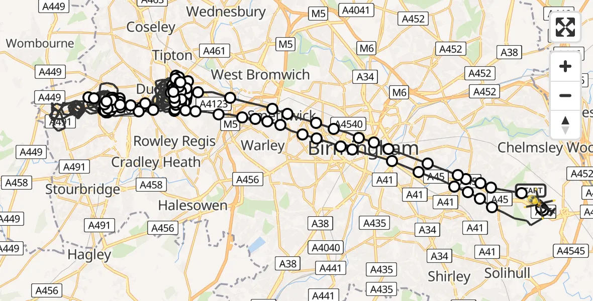 Flight route Police Helicopter Birmingham Airport - Solihull, 18 July 2026, 01:20