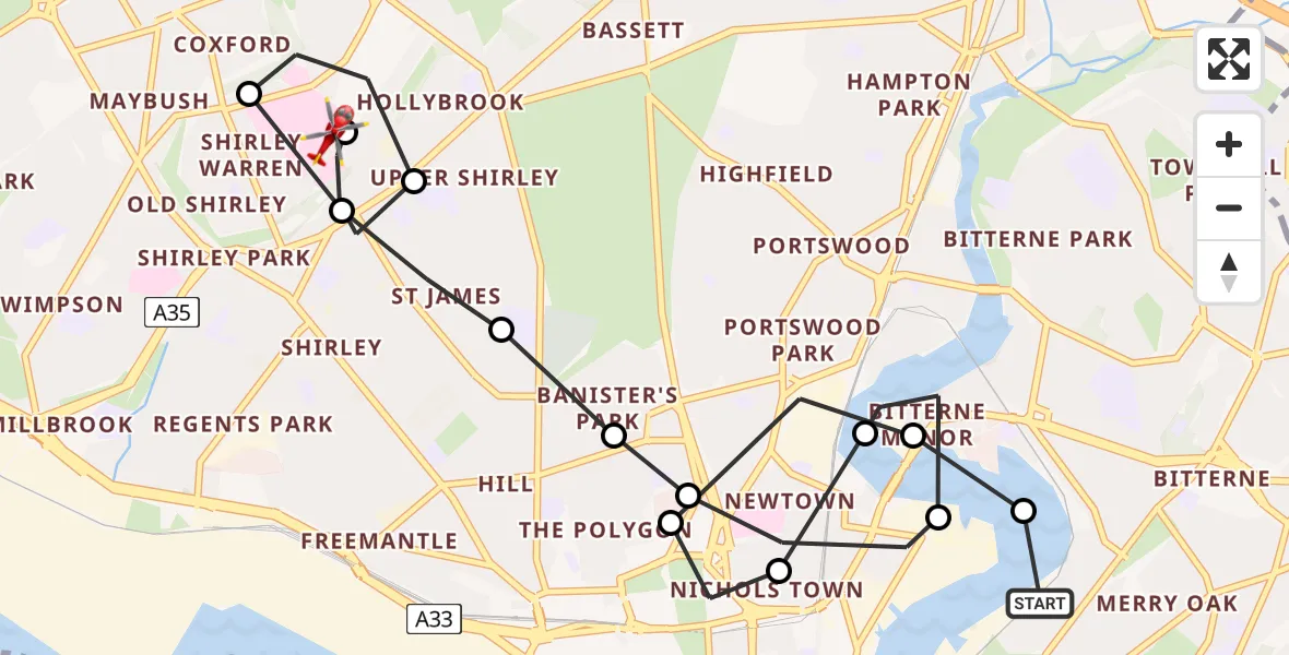 Flight route Air Ambulance Helicopter Itchen - University Hospital Southampton, 18 July 2026, 01:34