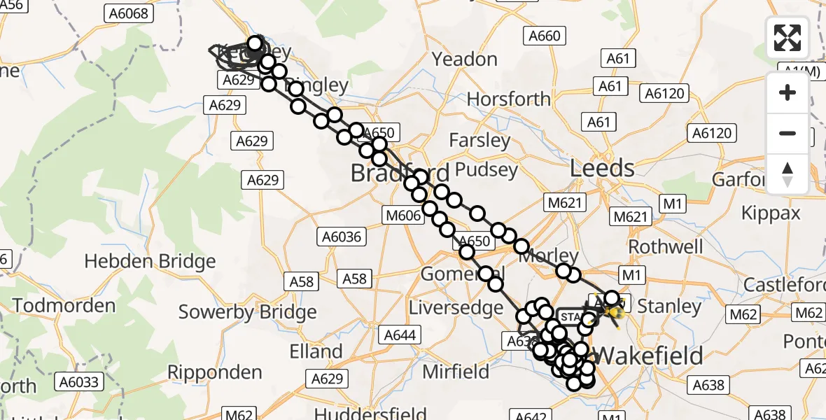 Flight route Police Helicopter Woodkirk - East Ardsley, 18 July 2026, 01:56
