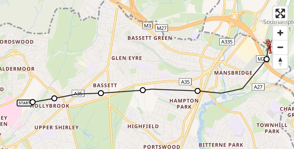 Flight route Air Ambulance Helicopter University Hospital Southampton - Southampton Airport, 18 July 2026, 02:01